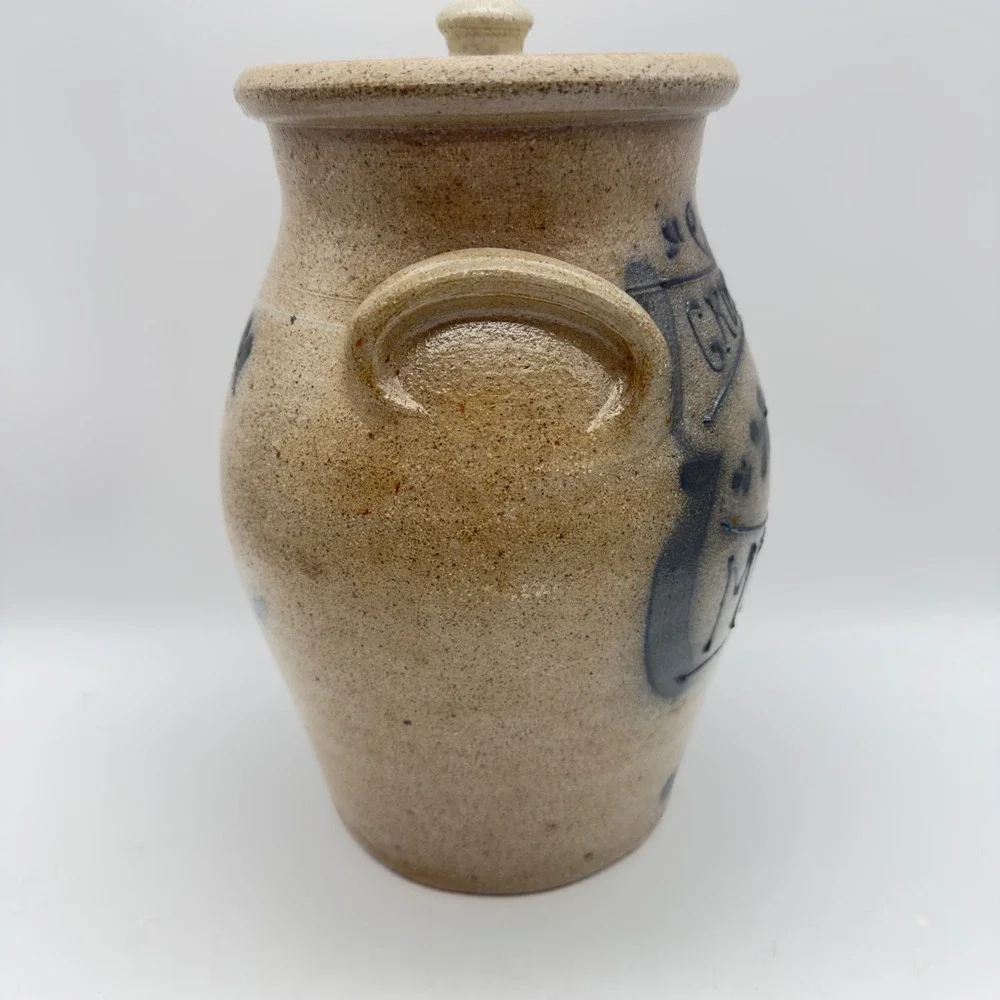 Rockdale Union Stoneware Grosse Ile Michigan Salt Glazed Crock with Lid 1988